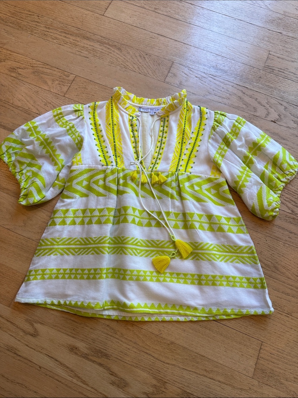Just Bellina White & Neon Yellow Embroidered Boho Peasant Blouse, size XS